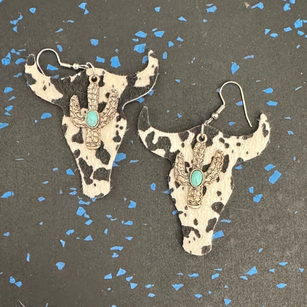 Cow Print Bull Skull Earrings with Turquoise Accent